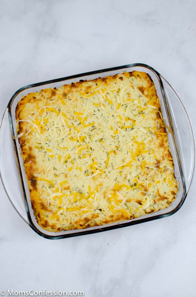 overhead photo of Simple and Easy Shepherd’s Pie Recipe fresh out of the oven in a square baking dish