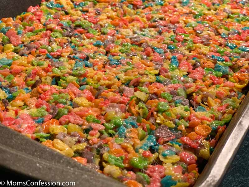 rice krispy treats pressed into a baking dish