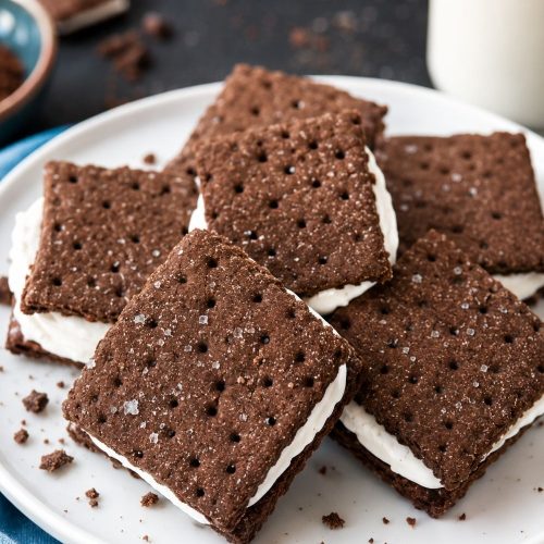 Chocolate graham cracker sandwiches filled with creamy vanilla filling served on a white plate for an easy summer snack.