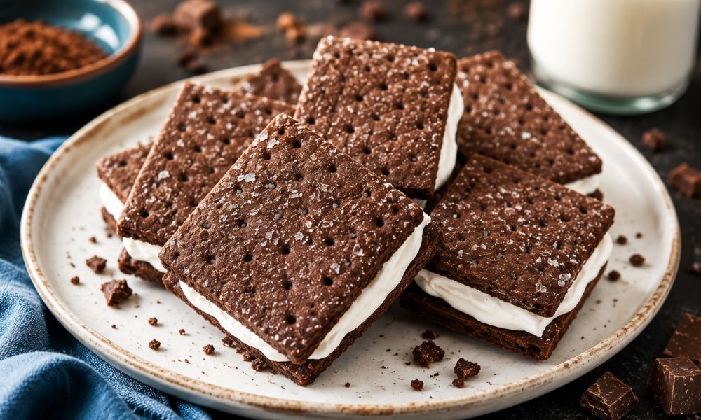 Chocolate Graham Cracker Surprise Homemade chocolate graham cracker sandwiches with fluffy cream filling arranged on a plate with chocolate pieces and milk.