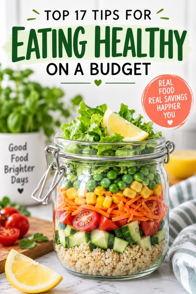 17 tips for eating healthy on a budget while saving money on groceries and nutritious meals.