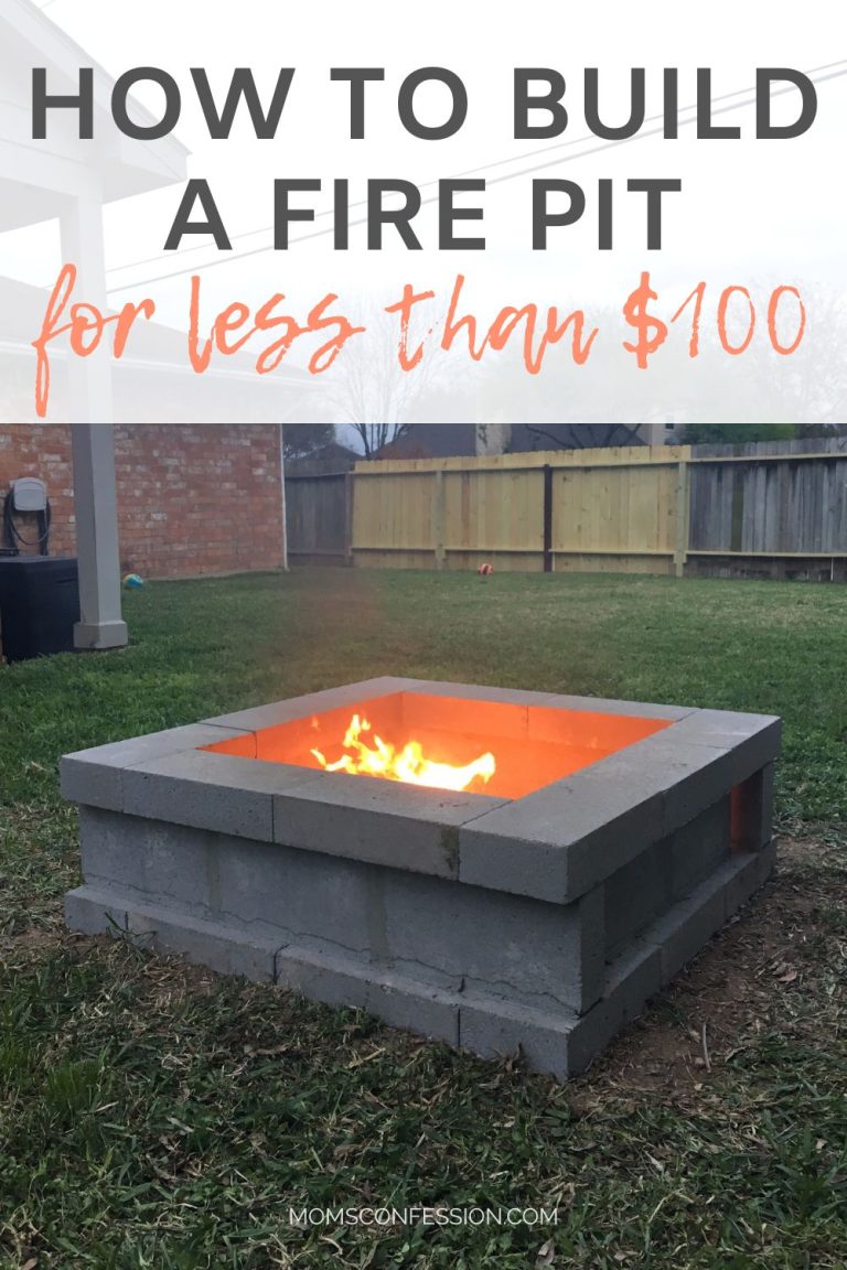 square concrete block fire pit burning in a backyard built for under $100