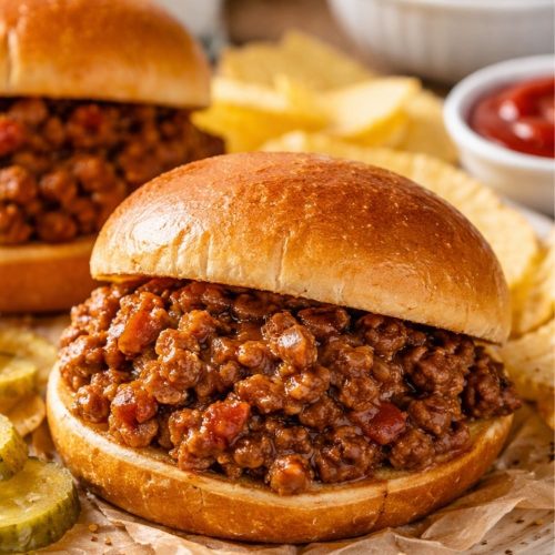 Homemade sloppy joe sandwich made with ground beef, onions, and bell peppers served on a toasted bun with pickles and potato chips.