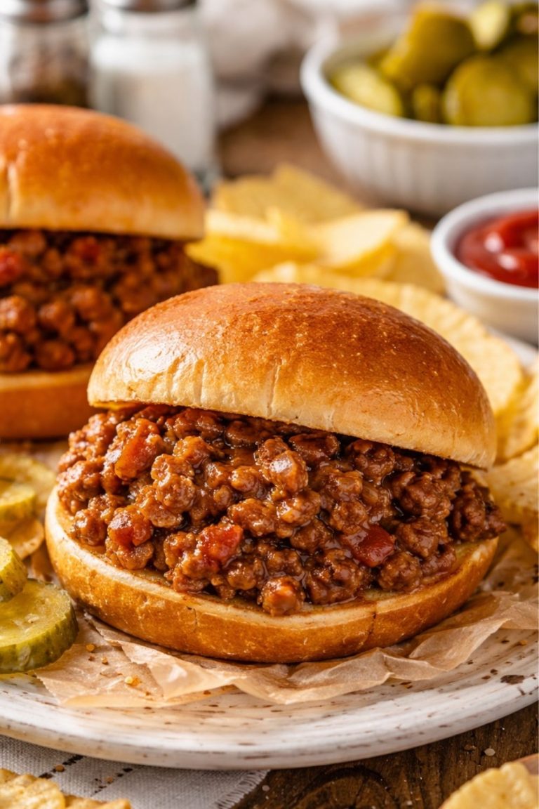 Homemade sloppy joe sandwich made with ground beef, onions, and bell peppers served on a toasted bun with pickles and potato chips.