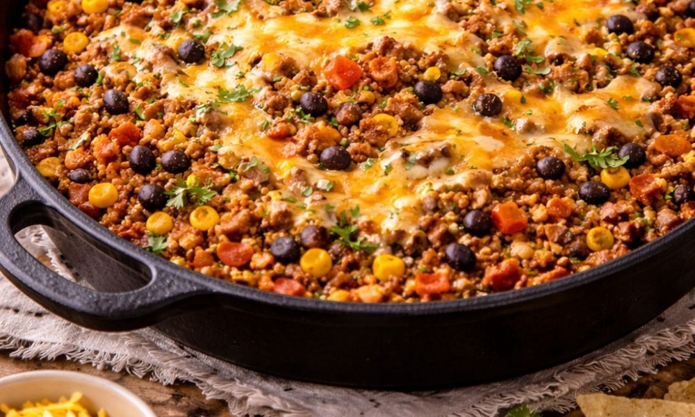 Close view of cheesy taco rice skillet made with seasoned ground beef, rice, corn, and black beans cooked in one pan.