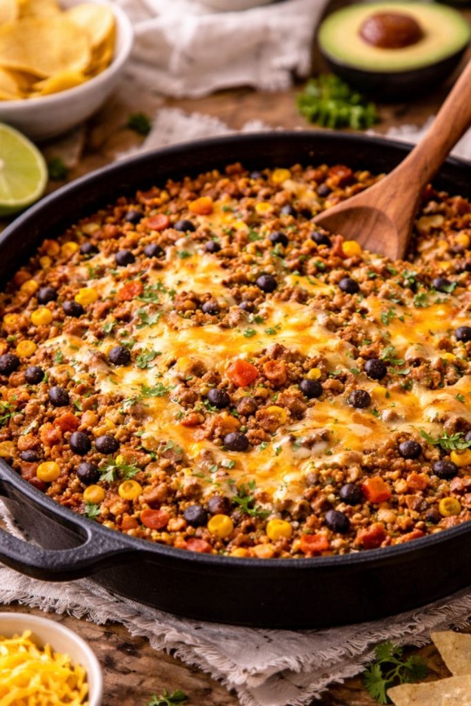 One pot taco rice skillet with ground beef, rice, black beans, corn, and melted cheddar cheese in a cast iron skillet.