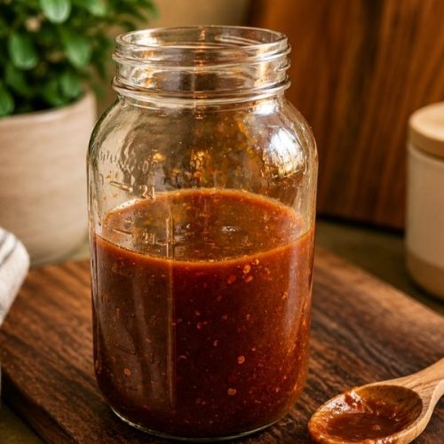 Homemade raspberry chipotle sauce in a mason jar on a wooden cutting board with a wooden spoon, perfect as a sweet and spicy sauce for chicken, pork, burgers, tacos, and grilled meats.