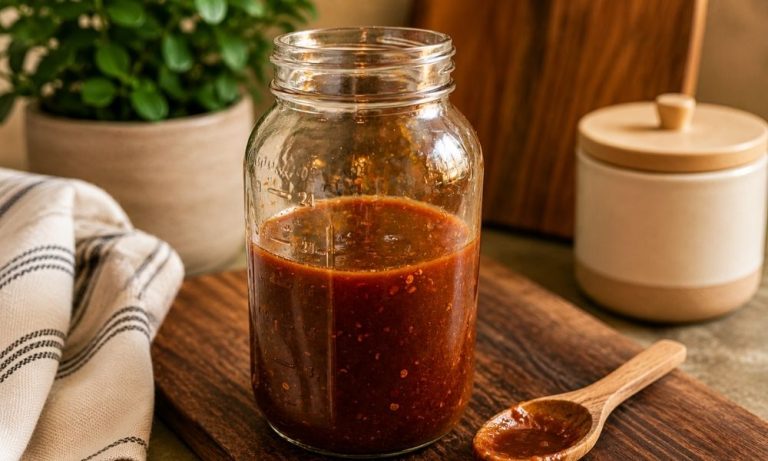 Homemade raspberry chipotle sauce in a mason jar on a wooden cutting board with a wooden spoon, perfect as a sweet and spicy sauce for chicken, pork, burgers, tacos, and grilled meats.