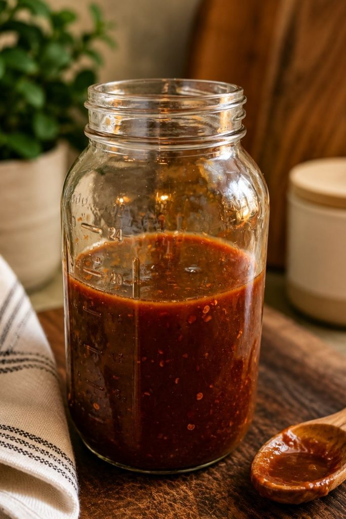 Easy homemade raspberry chipotle sauce stored in a mason jar with a wooden spoon, featuring a smoky sweet heat that's perfect for grilling, dipping, glazing meats, tacos, burgers, and appetizers.
