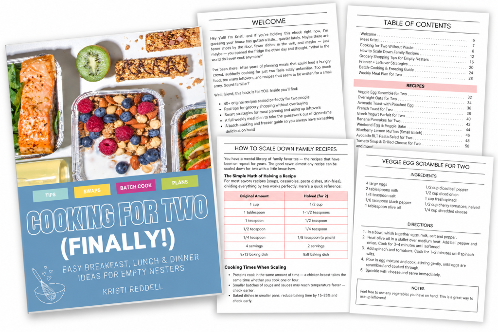 Cooking for Two Finally digital cookbook with easy recipes for two, meal planning tips, grocery shopping strategies and guides for empty nesters.