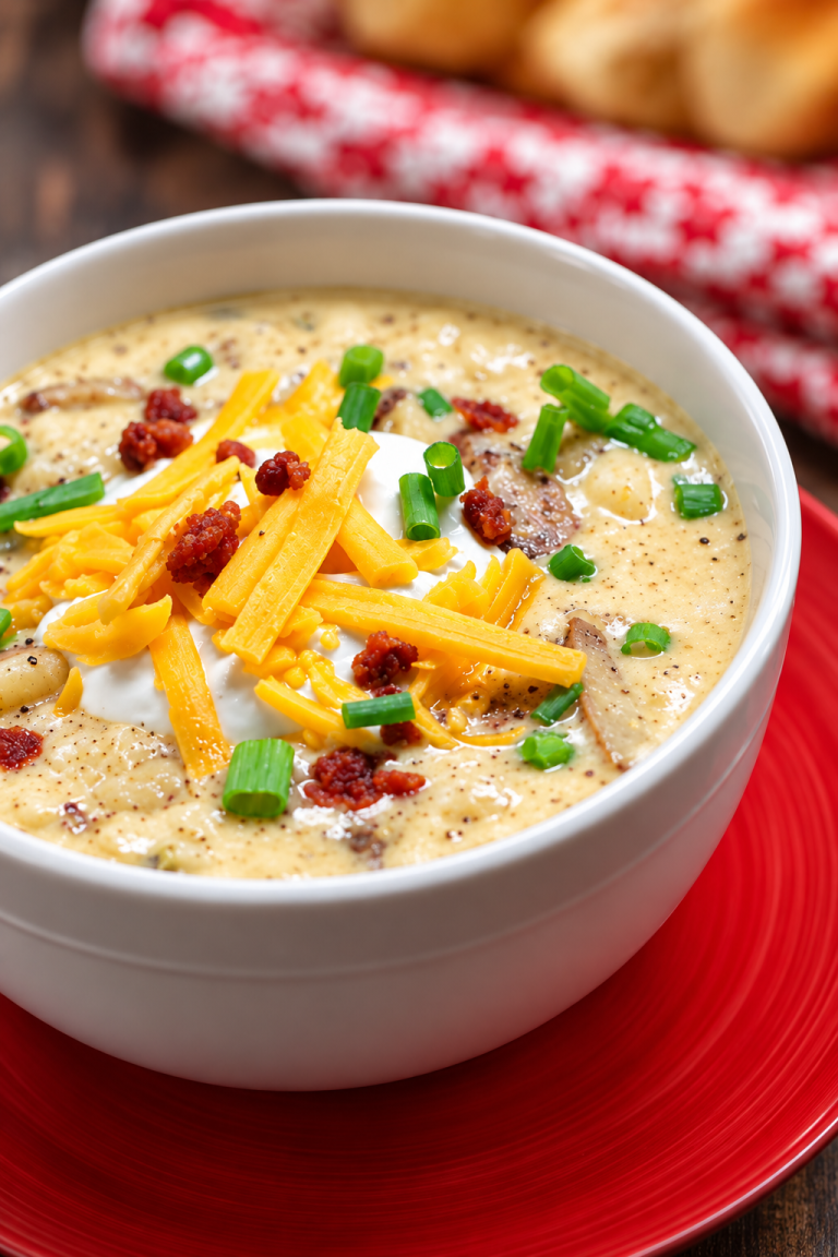 Creamy loaded baked potato soup topped with shredded cheddar cheese, bacon, green onions, and sour cream