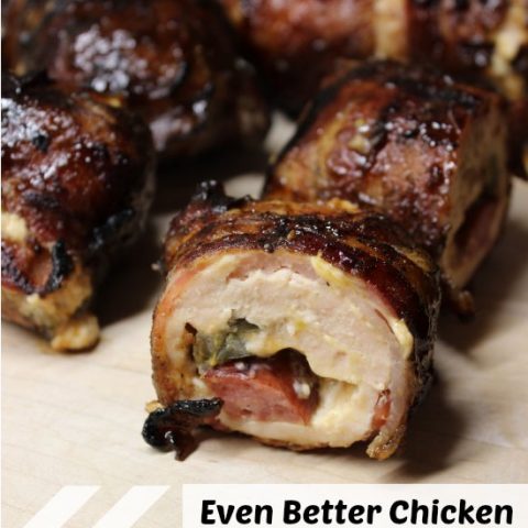 bacon wrapped chicken with sausage and cream cheese filling